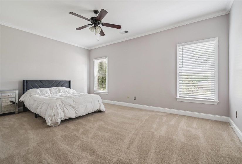 Spacious room featuring neutral carpeting, light-colored walls, crown molding, and two windows with white blinds