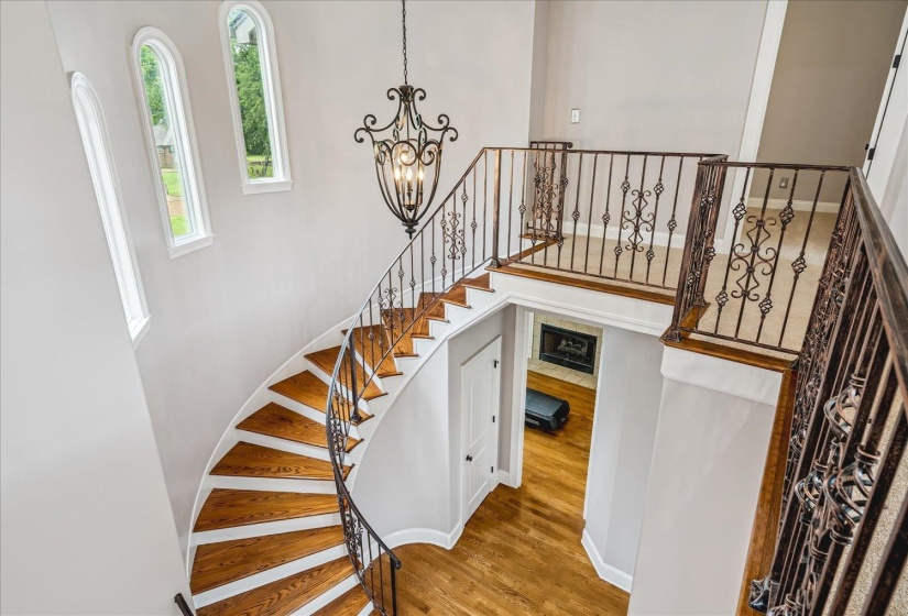 Sweeping curved staircase featuring rich wood treads, white risers, and an ornate wrought iron railing
