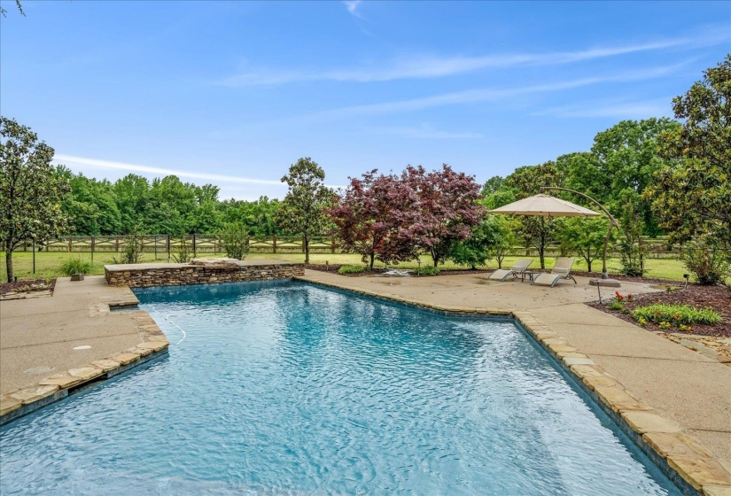 Backyard oasis featuring an in-ground swimming pool with stone coping and a stone-faced water feature