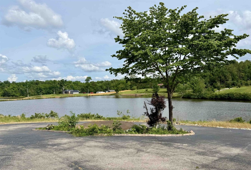 Expansive pond-front setting with a paved circular driveway, mature trees, and natural landscaping