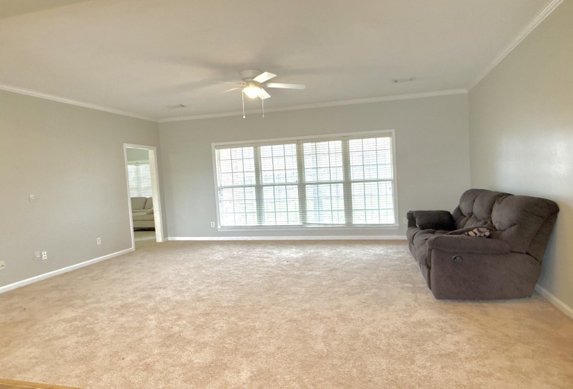 Carpeted living space featuring a large multi-pane window with blinds, a ceiling fan with integrated lighting, crown molding, and neutral wall tones