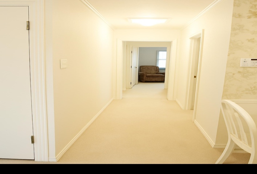 Hallway with carpet floors and ornamental molding