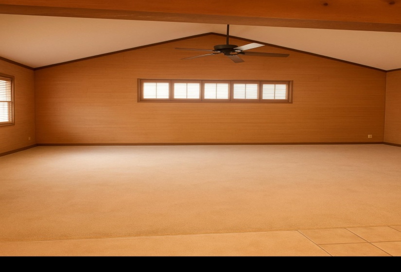 Spare room with carpet flooring, plenty of natural light, ceiling fan, and crown molding