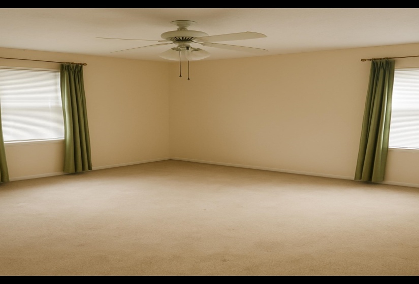 Empty room with healthy amount of natural light, carpet flooring, and ceiling fan