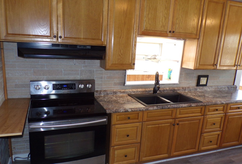 Kitchen featuring stainless steel electric stove, decorative backsplash, wood finish cabinets, and dark wood-type flooring