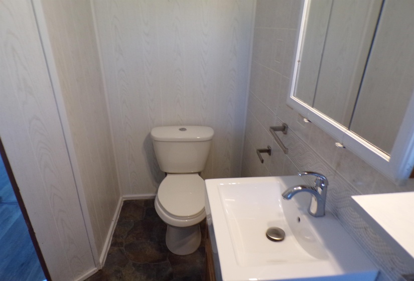 Half bath with vanity and dark stone finish flooring