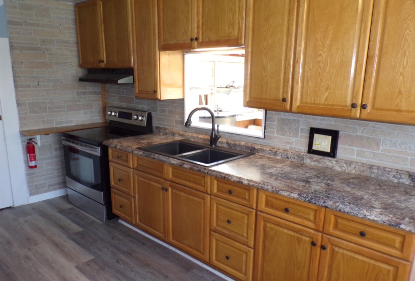 Kitchen featuring stainless steel electric range, decorative backsplash, wood finish cabinetry, dark wood-style flooring, and exhaust hood
