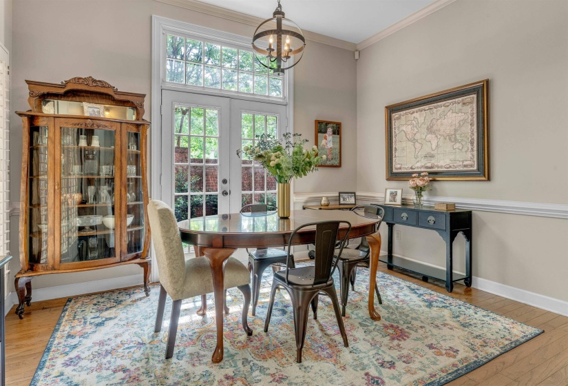 Double French doors with transom windows