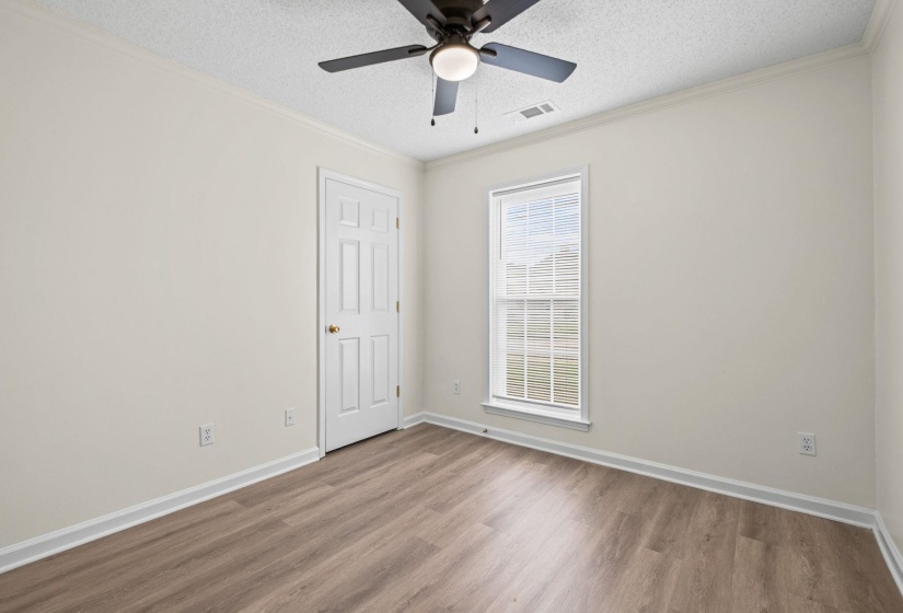 Light-filled room featuring wood-finish flooring, a ceiling fan, crown molding, and white trim