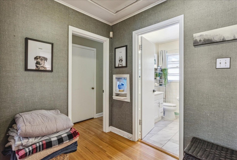 Hardwood flooring throughout the hallway