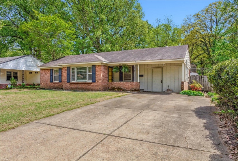 Brick and siding exterior featuring a concrete driveway, established lawn, and mature trees