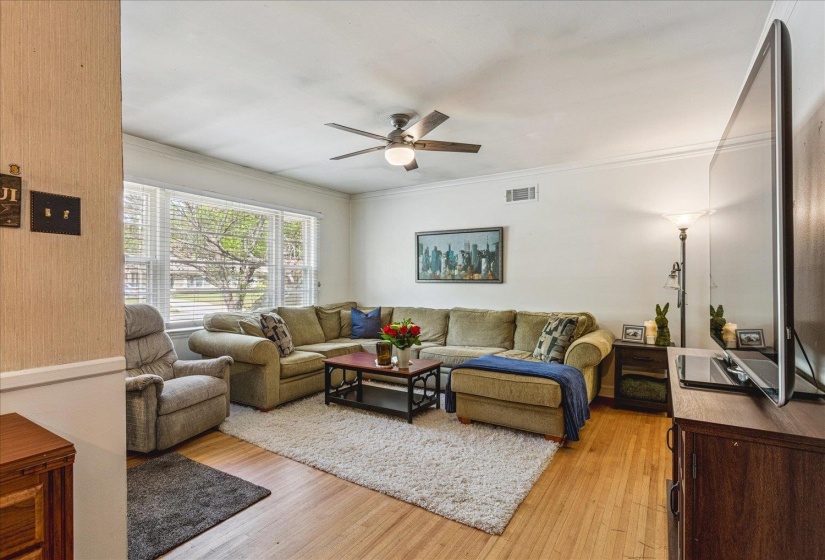 Living area featuring wood-finish flooring, a ceiling fan with integrated lighting, and crown molding