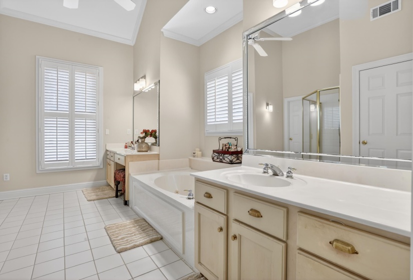 Primary bath has large double vanity space