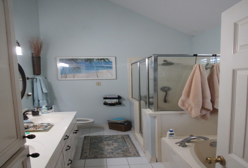 Bathroom featuring a vaulted ceiling and a vanity with dual sinks