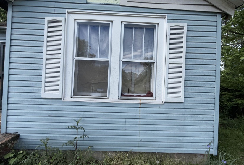 Light blue horizontal siding exterior with a double-hung window featuring white louvered shutters