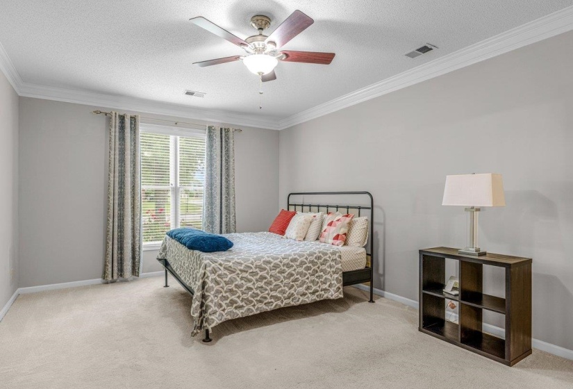 Carpeted room featuring a ceiling fan with light fixture, crown molding, and a window with blinds