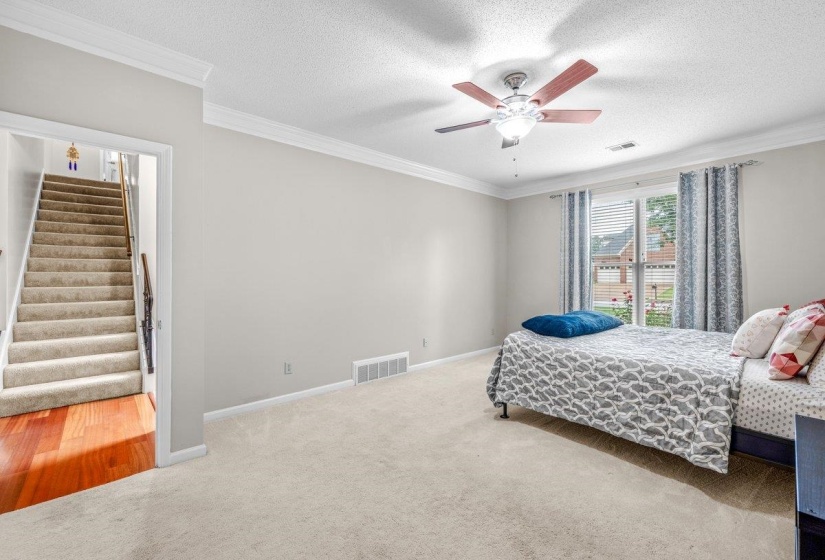 Bright room featuring neutral carpet flooring, a ceiling fan with light fixture, and a window with blinds