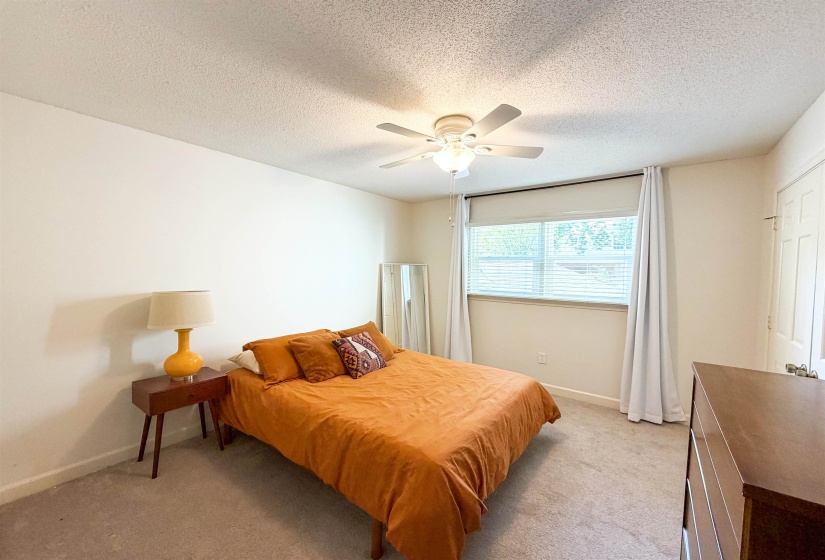 Carpeted room with a ceiling fan, recessed window with blinds, and white walls
