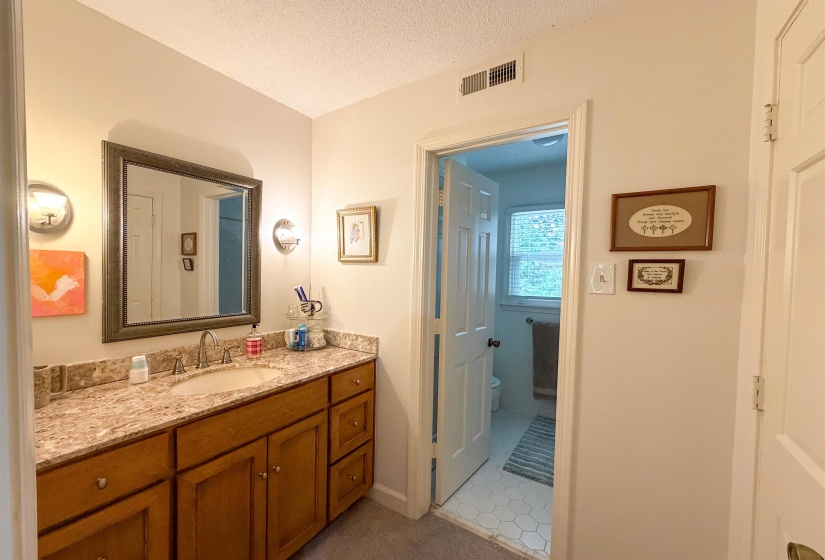 Bathroom vanity with a light-toned stone countertop, integrated sink, and wood cabinetry