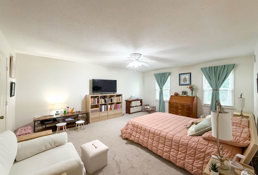 Spacious room featuring neutral carpet flooring, white walls, two double-hung windows with white blinds, and a ceiling fan