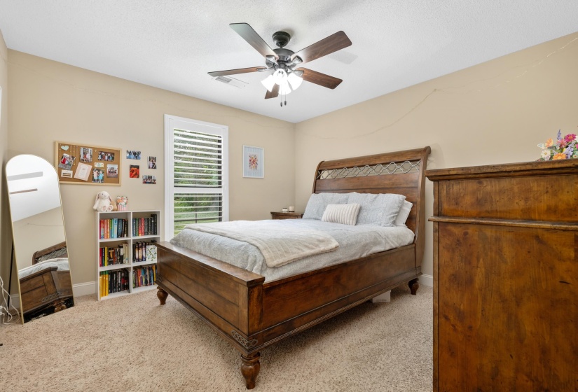 Carpeted room featuring a ceiling fan with light fixture, a window with horizontal blinds, and neutral wall paint