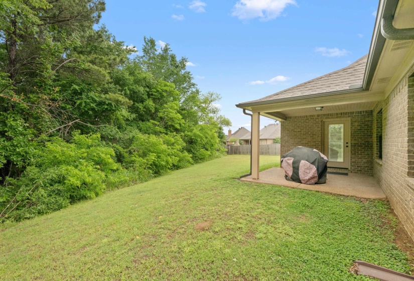 Expansive grassed area featuring a covered patio with a paved surface