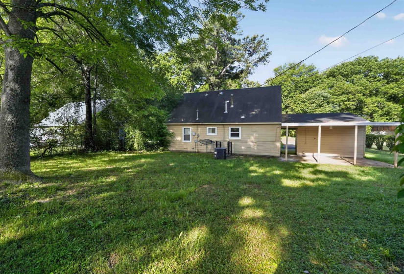 Rear exterior with tan siding and dark shingle roofing
