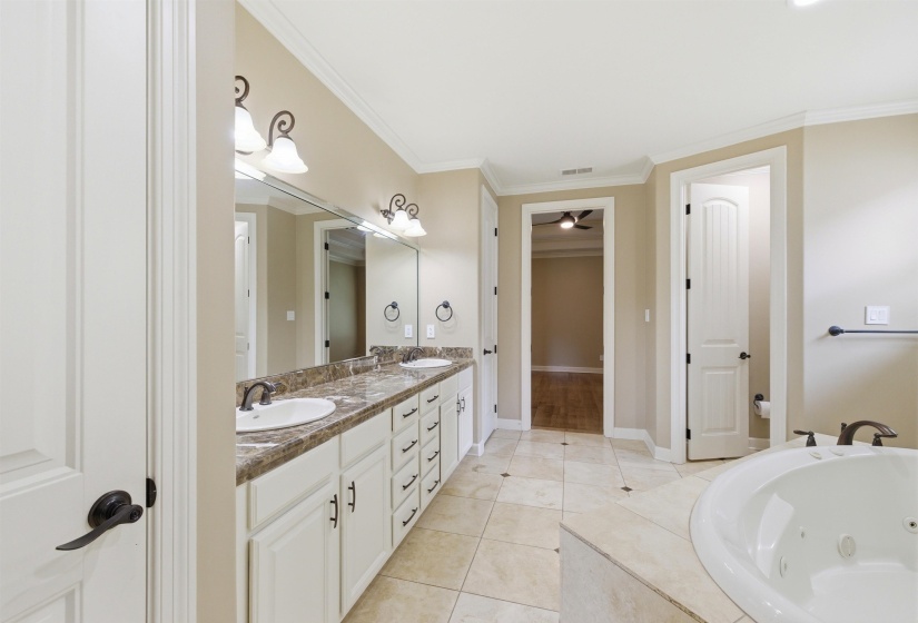 Bathroom featuring a double vanity with stone-finish countertop, dual undermount sinks, and ample cabinetry