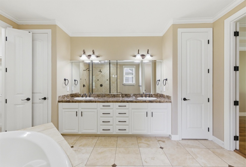 Double vanity featuring white cabinetry, a brown stone countertop, and two integrated sinks