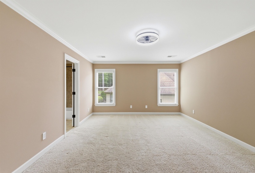 Spacious room featuring plush carpet flooring, two windows with blinds, a modern ceiling light fixture, and white crown molding and baseboards