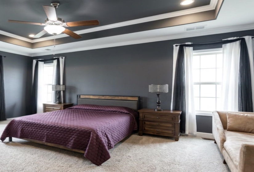 Tray ceiling with recessed lighting and a ceiling fan