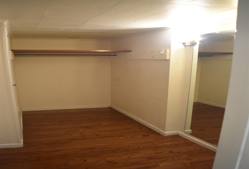 Walk-in closet featuring wood-finish flooring, a full-length mirror, a built-in shelf, and a clothing rod