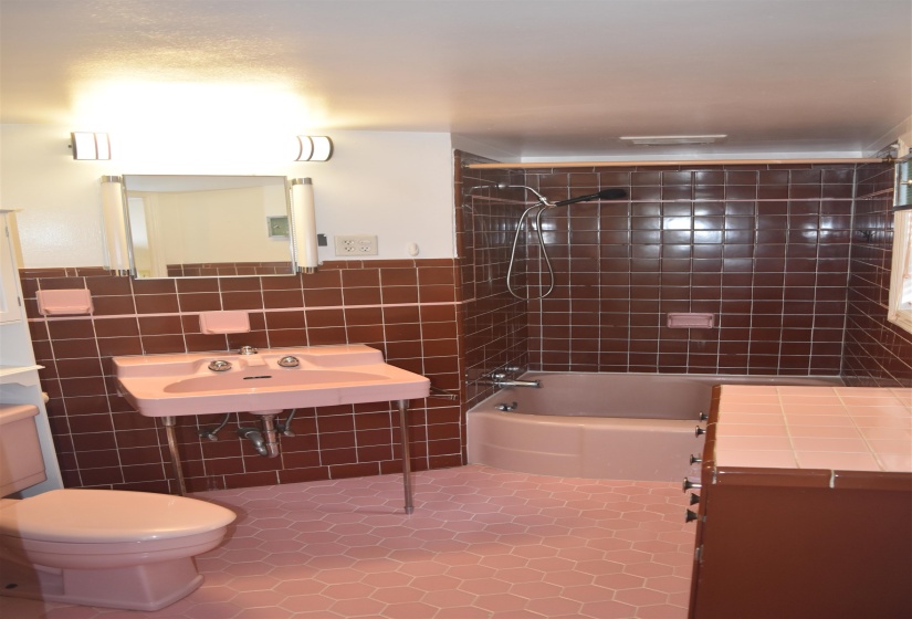 Bathroom featuring pink hexagonal floor tiles and brown square wall tiles
