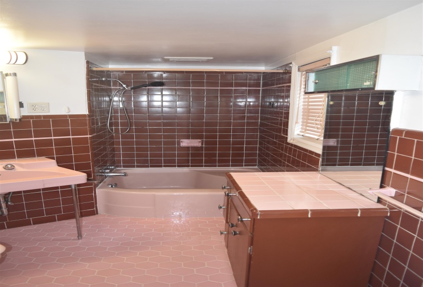 Bathroom featuring pink hexagonal tile flooring and brown square wall tiling