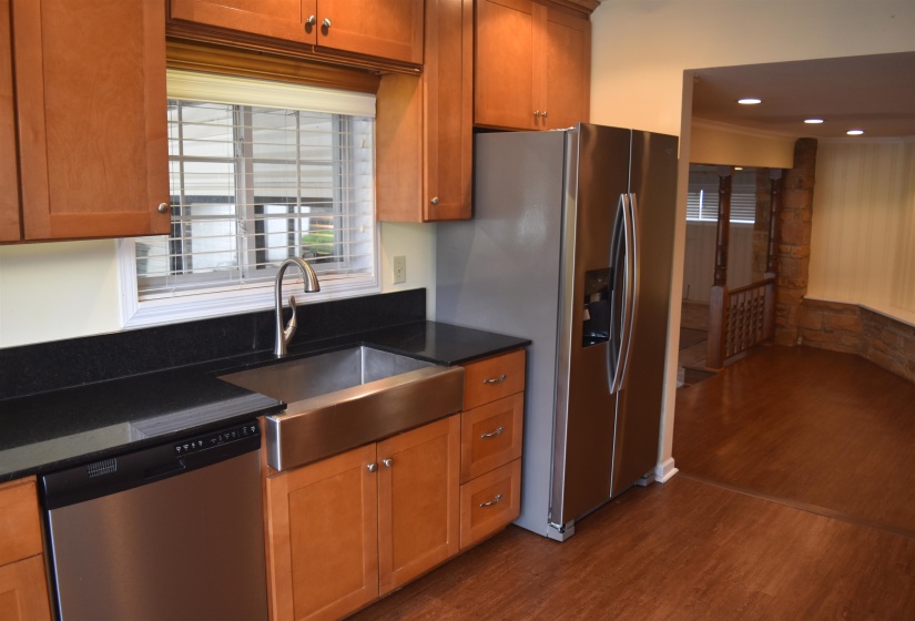 Kitchen featuring stainless steel appliances, a farmhouse-style sink, dark countertops, and wood-finish flooring