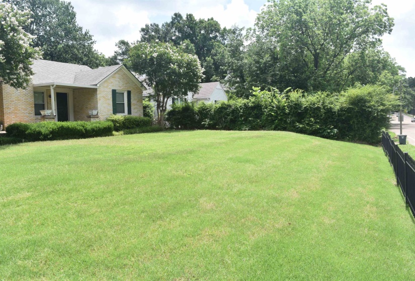 Expansive front lawn with green landscaping and mature trees