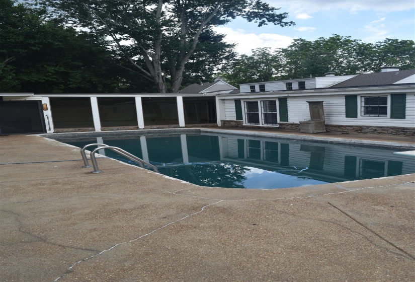 Outdoor swimming pool with integrated steps, surrounded by an aggregate concrete patio