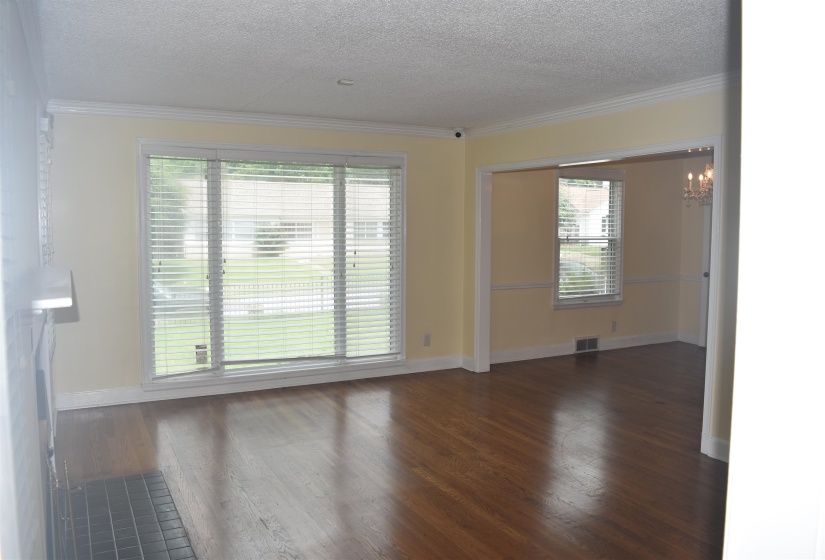 Hardwood-style flooring throughout with a large window and blinds overlooking a green lawn