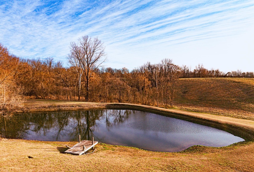 Pond with a wooden dock surrounded by natural landscaping and rolling terrain