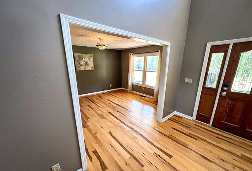 Warm wood-finish flooring extends through the entryway and into an adjoining room