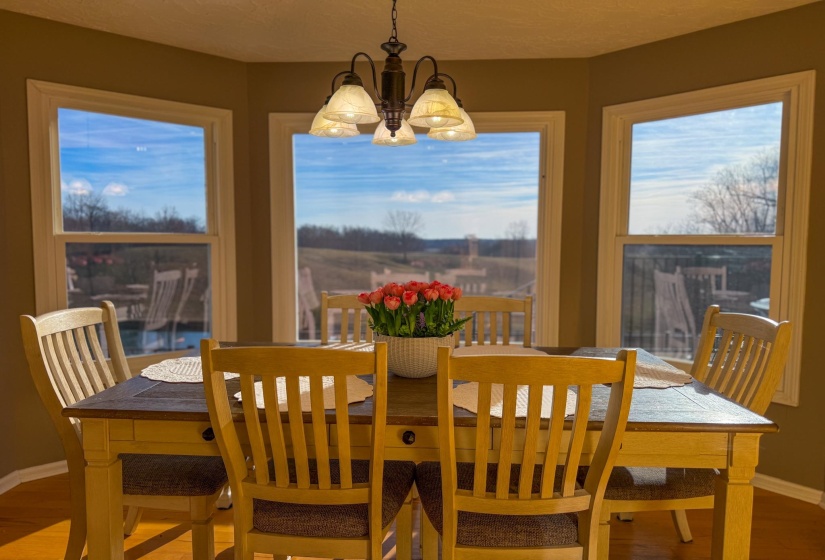 Bay window dining area featuring a bronze chandelier with frosted glass shades, hardwood flooring, and neutral wall tones