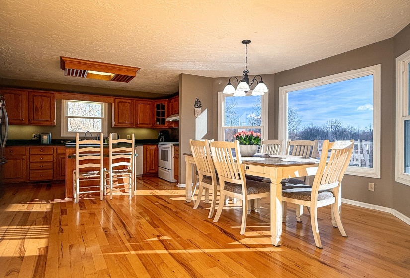 Open-concept kitchen and dining area featuring wide plank wood-finish flooring
