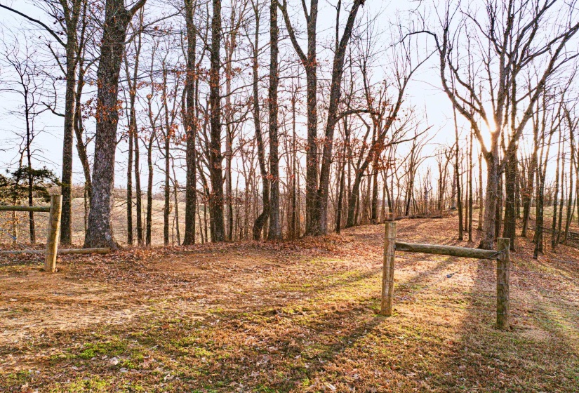 Wooded acreage featuring mature trees and a rustic split-rail fence