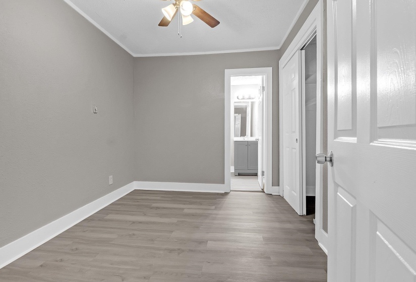 Neutral gray walls with white trim and wood-finish flooring