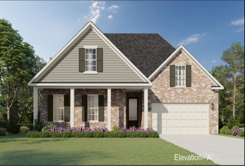 Traditional-style home featuring a brick and siding exterior, columned front porch, dark-shuttered windows, and an attached two-car garage