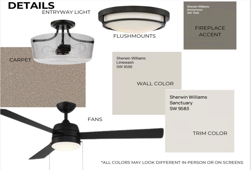 Design Specification Sheet. Outlining material and color selections for the property