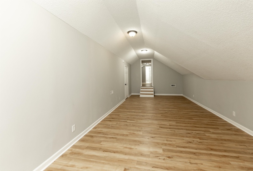 Spacious room featuring wood-finish flooring, light grey walls, white trim, and sloped ceilings