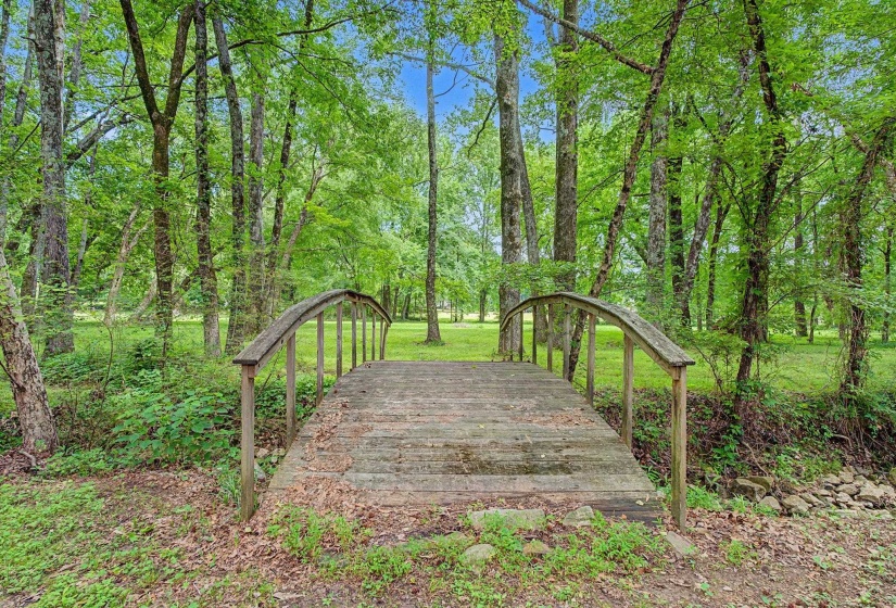 Wooden bridge with arched handrails over a little creek surrounded by mature trees