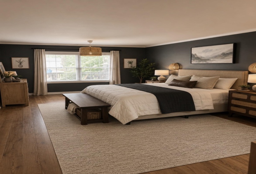 Spacious bedroom featuring wood-finish flooring, a large window with blinds, and a neutral-toned area rug