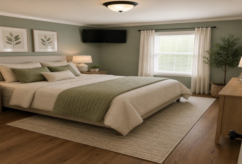 Bedroom featuring wood-finish flooring, a double window with blinds and curtains, and a flush-mount ceiling light